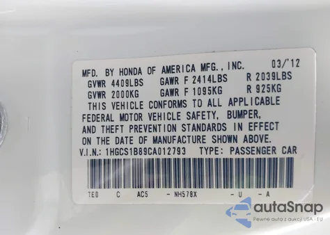 2012 Honda Accord 2.4 Ex-L from USA, damaged, VIN 1HGCS1B89CA012793